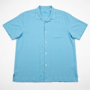 Tommy Bahama Shirt Men XXL 2XL Light Blue 100% Silk Short Sleeve Solid Button Up